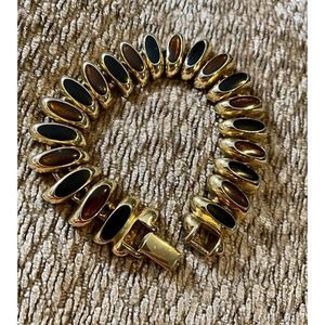 Vintage Erwin Pearl 1980s Black Amber Enamel Gold Tone Link Bracelet 7”